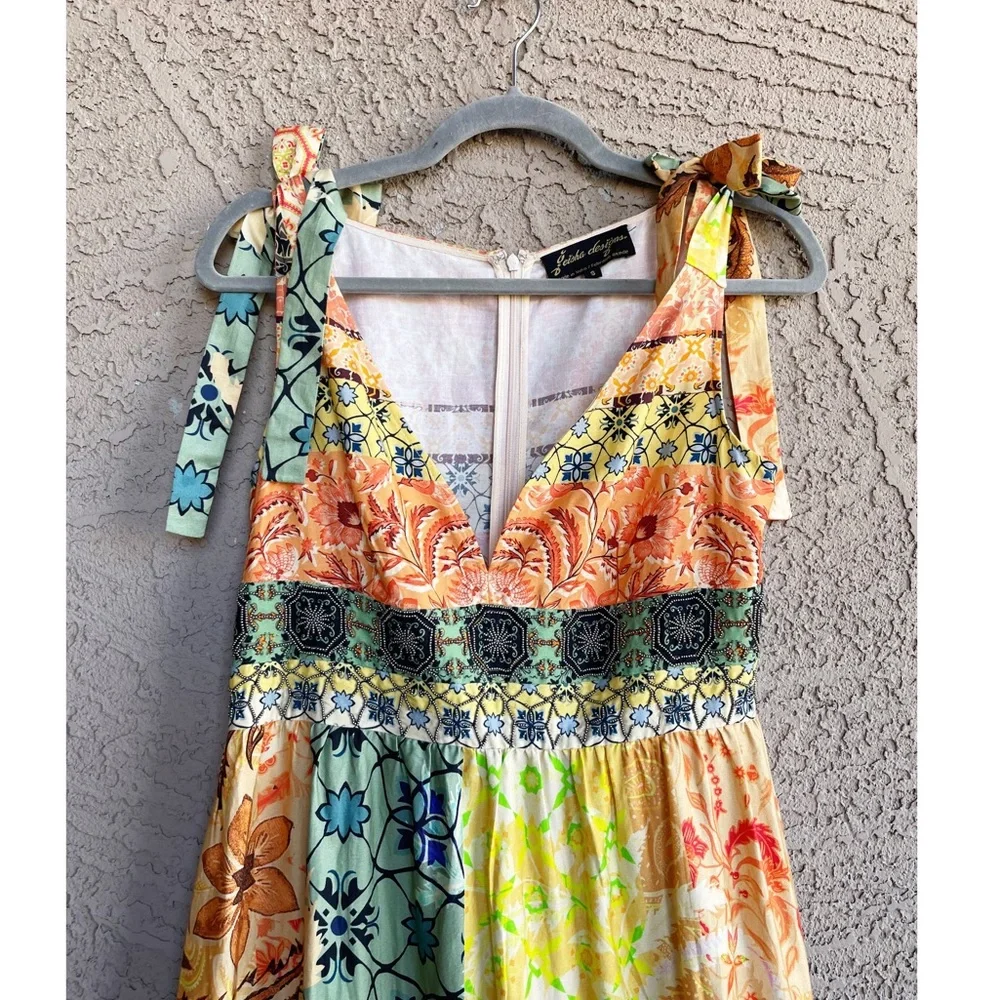 ANTHROPOLOGIE Geisha Designs Rosalina Patchwork  Boho Floral Beaded Maxi Dress